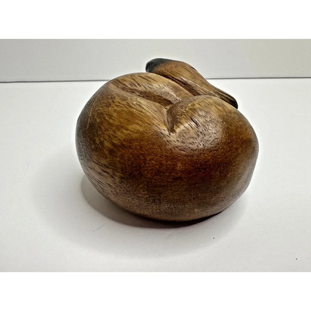 Wooden Siamese Cat Fox Figure Curled Up Sleeping Hand Carved Folk Art Rustic VTG